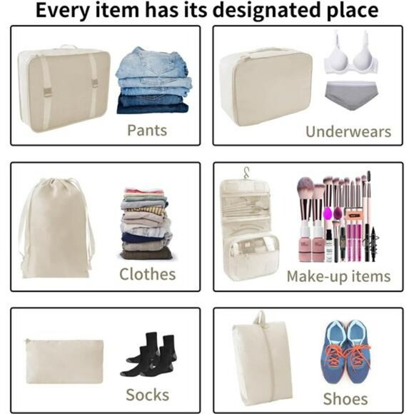 10 Piece Packing Cubes Travel Luggage Organizer Set Suitcase Carry On Bags Beige - Picture 4 of 7